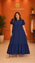 Vestido Largo Plus Size Mujer Azul Marino con Bordado – Vestido Elegante Talla Grande