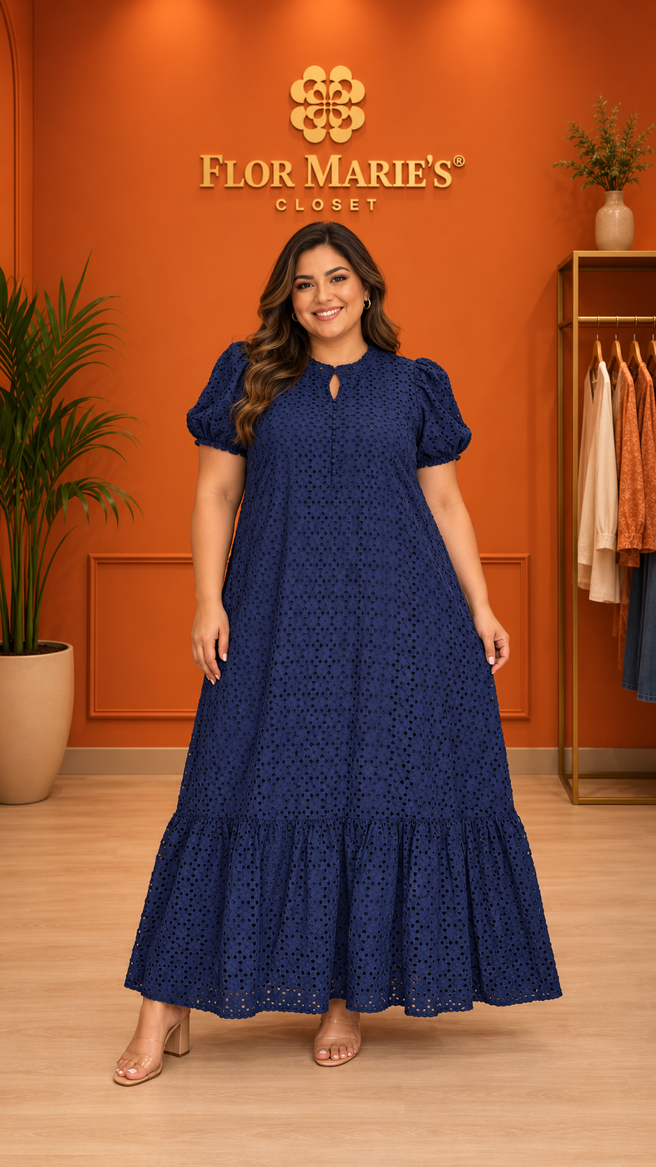 Vestido Largo Plus Size Mujer Azul Marino con Bordado – Vestido Elegante Talla Grande