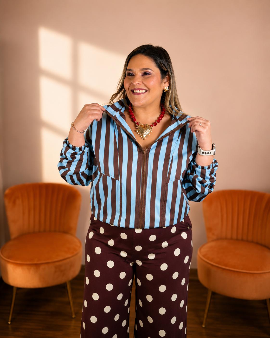 Chaqueta Rayada Azul y Café  para Mujer | Bomber Oversize Ropa para Mujer en Panamá