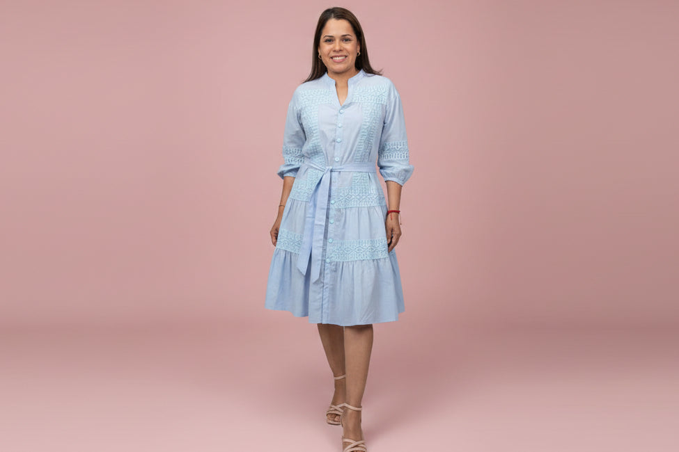 Vestido Celeste Casual para Mujer con Encaje/Vestido Fresco y Elegante para Dama en Panamá