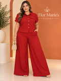 SET PLUS SIZE ROJO CAMISA DE BOLSILLO CON DETALLES DE BOTONES DECORATIVOS