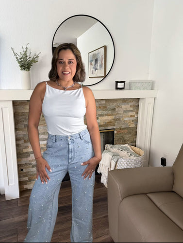 PANTALON AZUL CON PERLAS