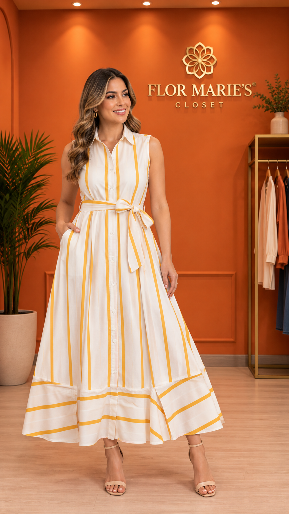 Vestido Camisero Blanco con Rayas Amarillas y Cinturón