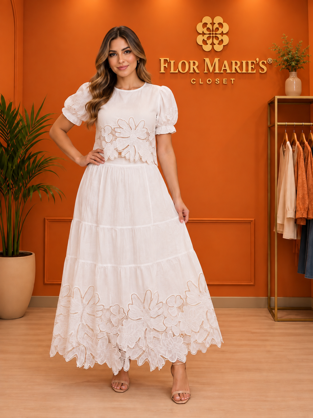 Juego de Blusa y Falda Larga Blanca con Bordado Floral
