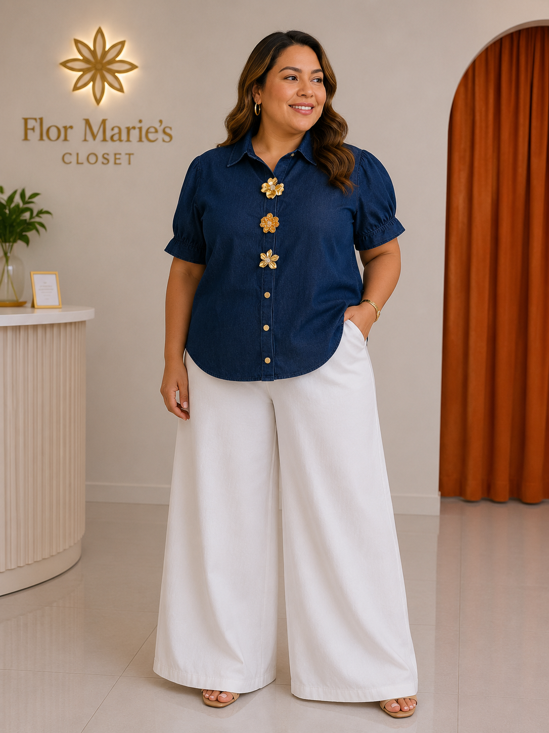 Blusa Azul Marino con Botones Florales y Manga Abullonada – Tallas Plus