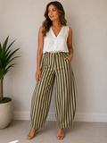 Pantalón de Pierna Ancha con Rayas Verticales Verde Oliva y Beige