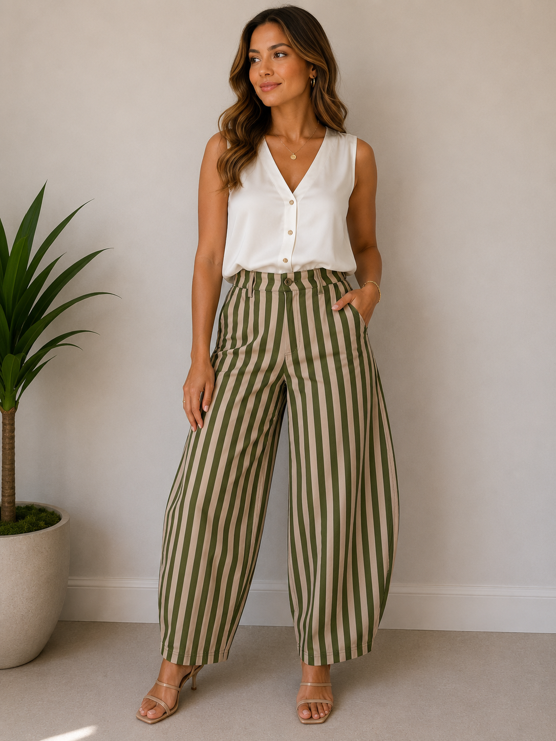 Pantalón de Pierna Ancha con Rayas Verticales Verde Oliva y Beige