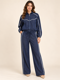 Conjunto Deportivo Elegante Denim con Chaqueta y Pantalón Wide Leg