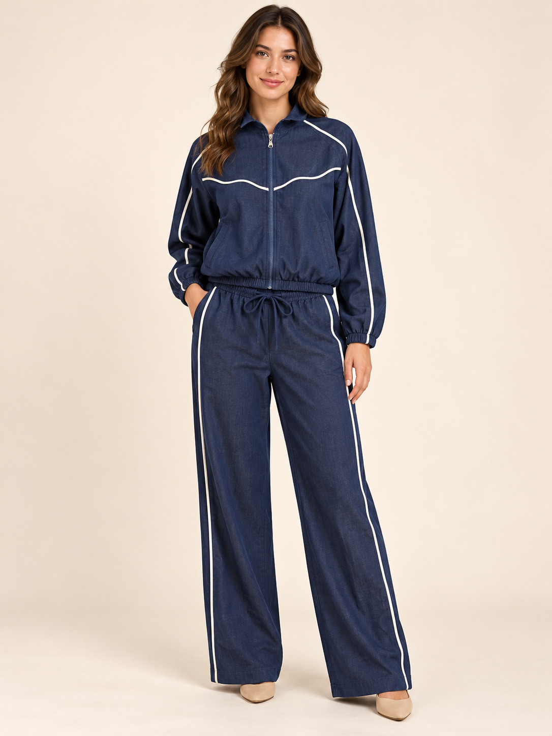 Conjunto Deportivo Elegante Denim con Chaqueta y Pantalón Wide Leg