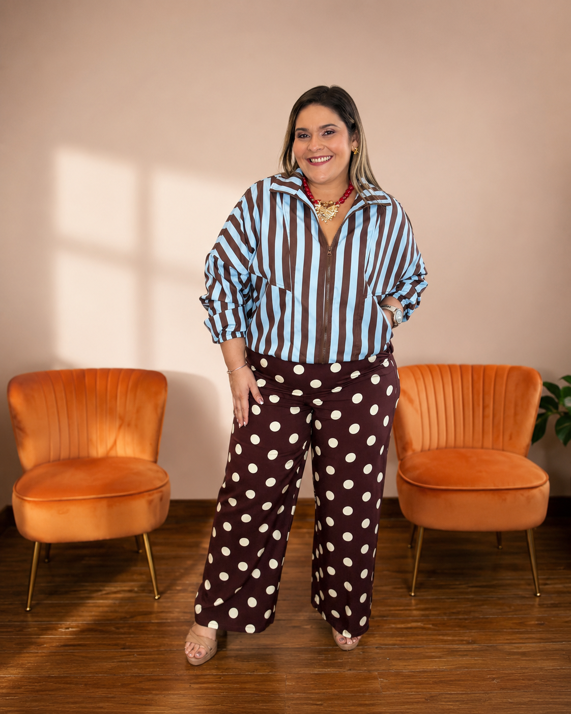 Chaqueta Rayada Azul y Café  para Mujer | Bomber Oversize Ropa para Mujer en Panamá