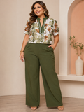 Blusa Plus Size Floral con Cuello Mao y Detalle en Contraste Verde