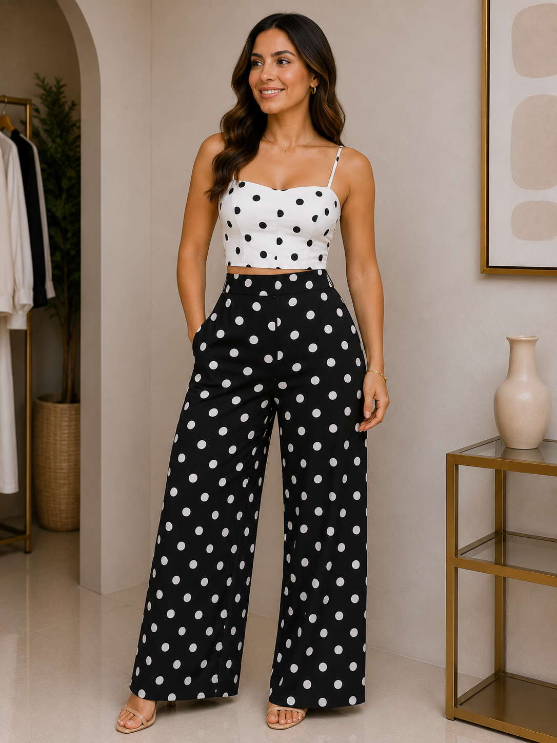 SARISA Conjunto Top Lunares Blanco y Negro