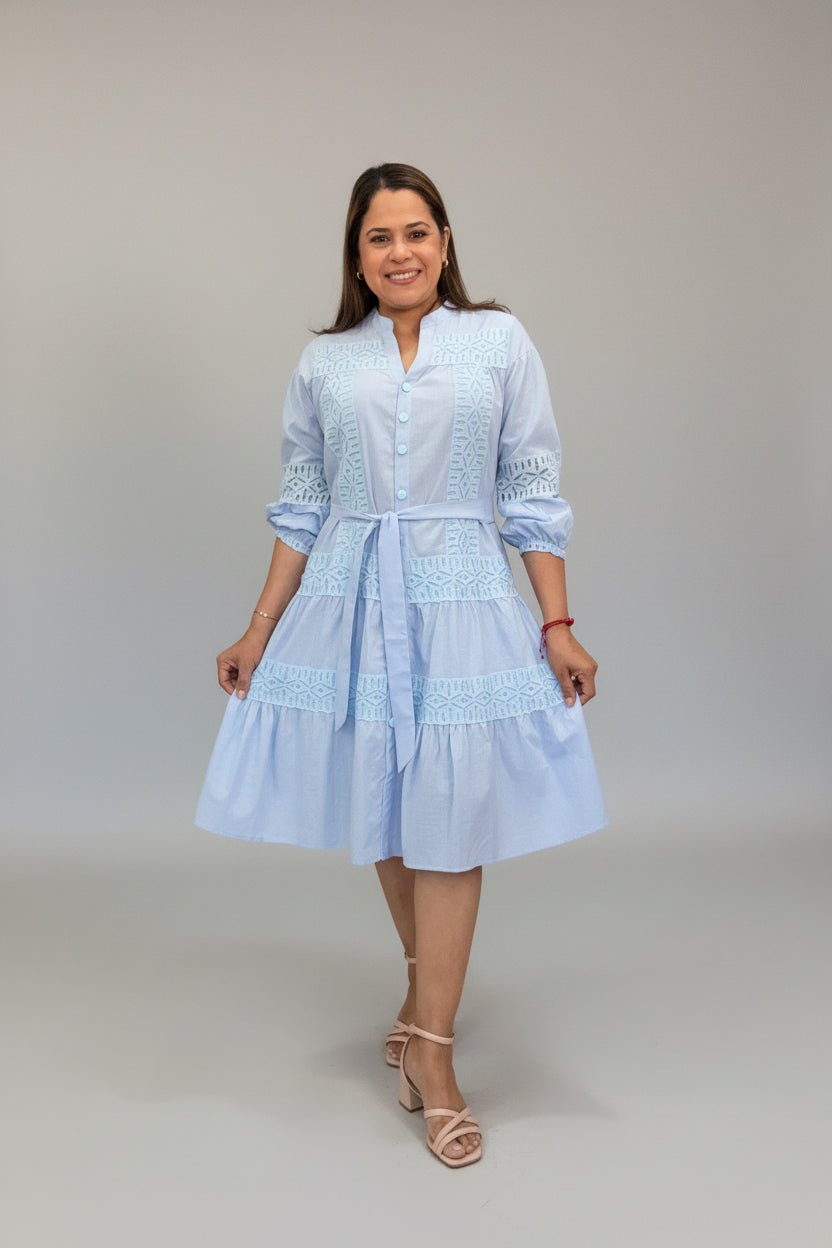 Vestido Celeste Casual para Mujer con Encaje/Vestido Fresco y Elegante para Dama en Panamá