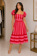Vestido Rayas Rojo y Rosa Mangas Abombadas