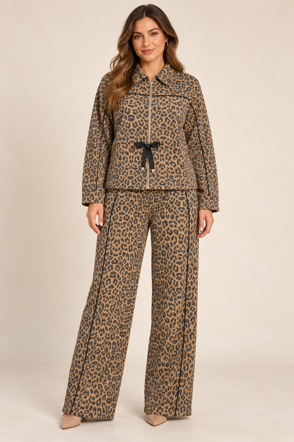 Conjunto Animal Print Leopardo para Mujer con Chaqueta y Pantalón Wide Leg