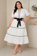 Vestido Midi Blanco de Lunares con Cinturón Negro