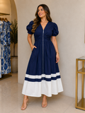 Vestido Midi Azul Marino con Cremallera Mangas Abullonadas y Bajo en Contraste
