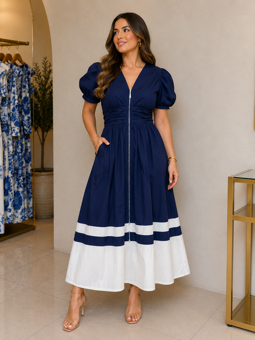 Vestido Midi Azul Marino con Cremallera Mangas Abullonadas y Bajo en Contraste