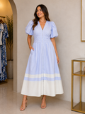 Vestido Midi Lila Claro con Cremallera, Cintura Fruncida y Bajo en Contraste