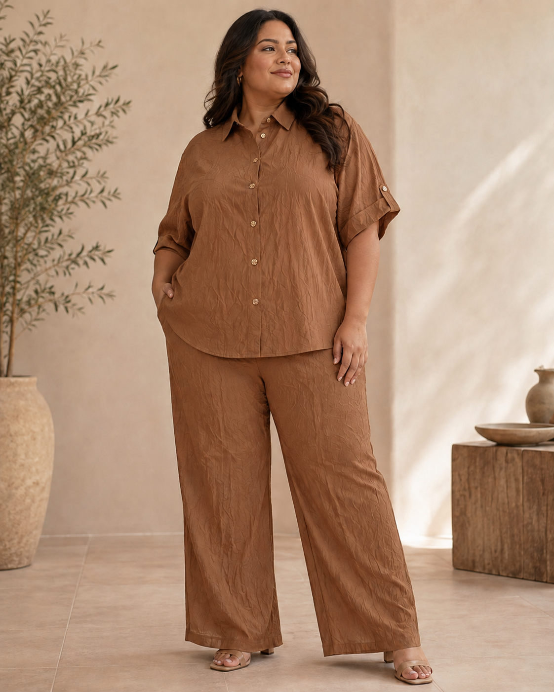 Conjunto Marrón de Camisa y Pantalón de Pierna Ancha