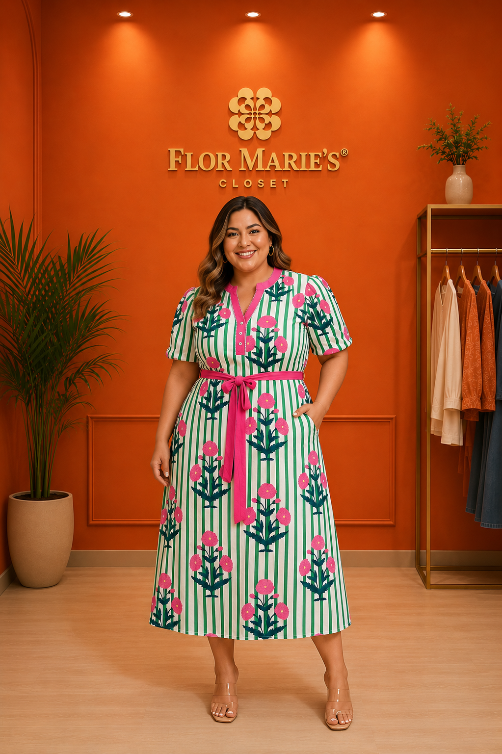 Vestido Midi Plus Size Rayas Verdes con Flores Rosas |Vestido Talla Grande para Mujer en Panamá