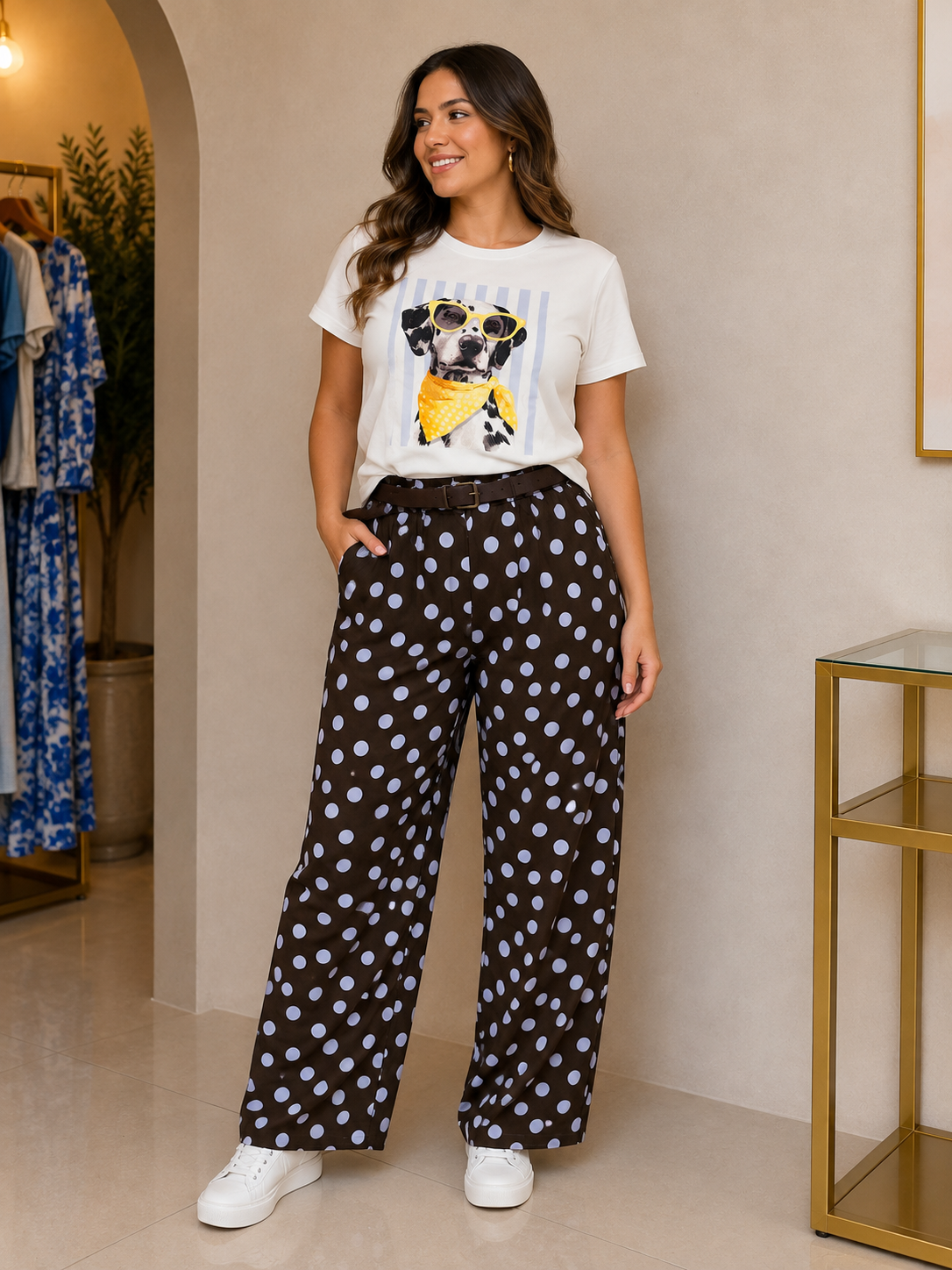 SARISA Pantalón Ancho Café Lunares Lila