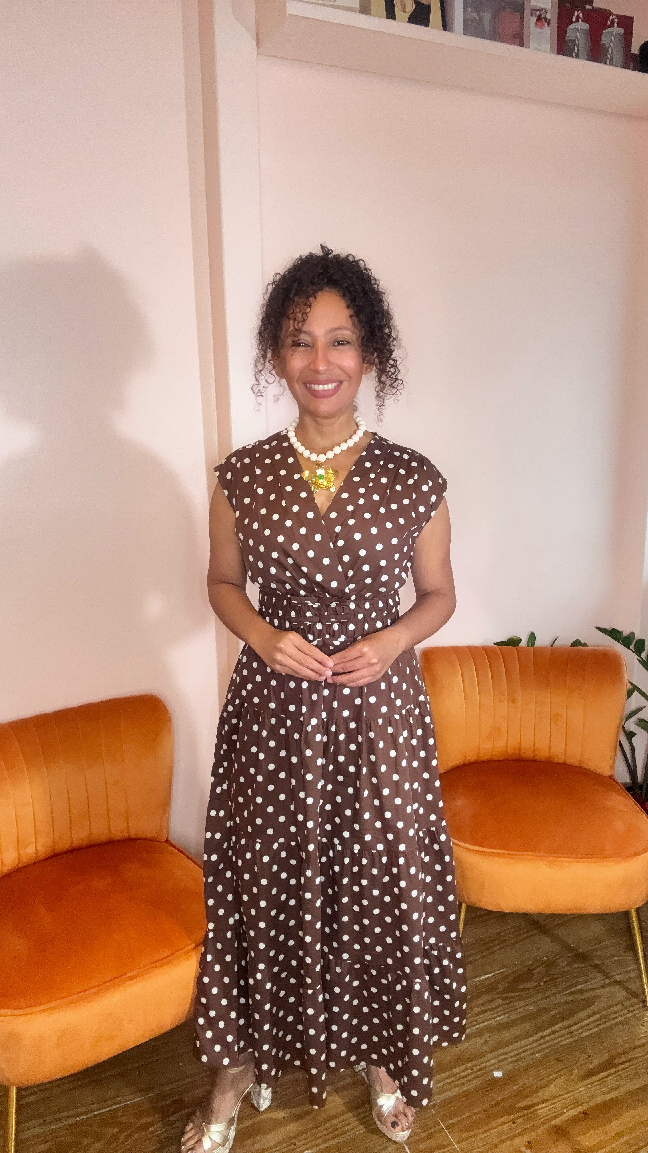 Vestido Largo de Lunares Café con Escote Cruzado para Mujer/Vestido para Mujer en Panamá
