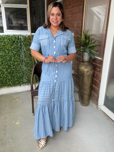 VESTIDO AZUL LINEAS BLANCAS