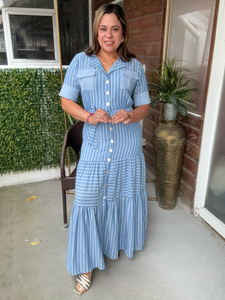 VESTIDO AZUL LINEAS BLANCAS