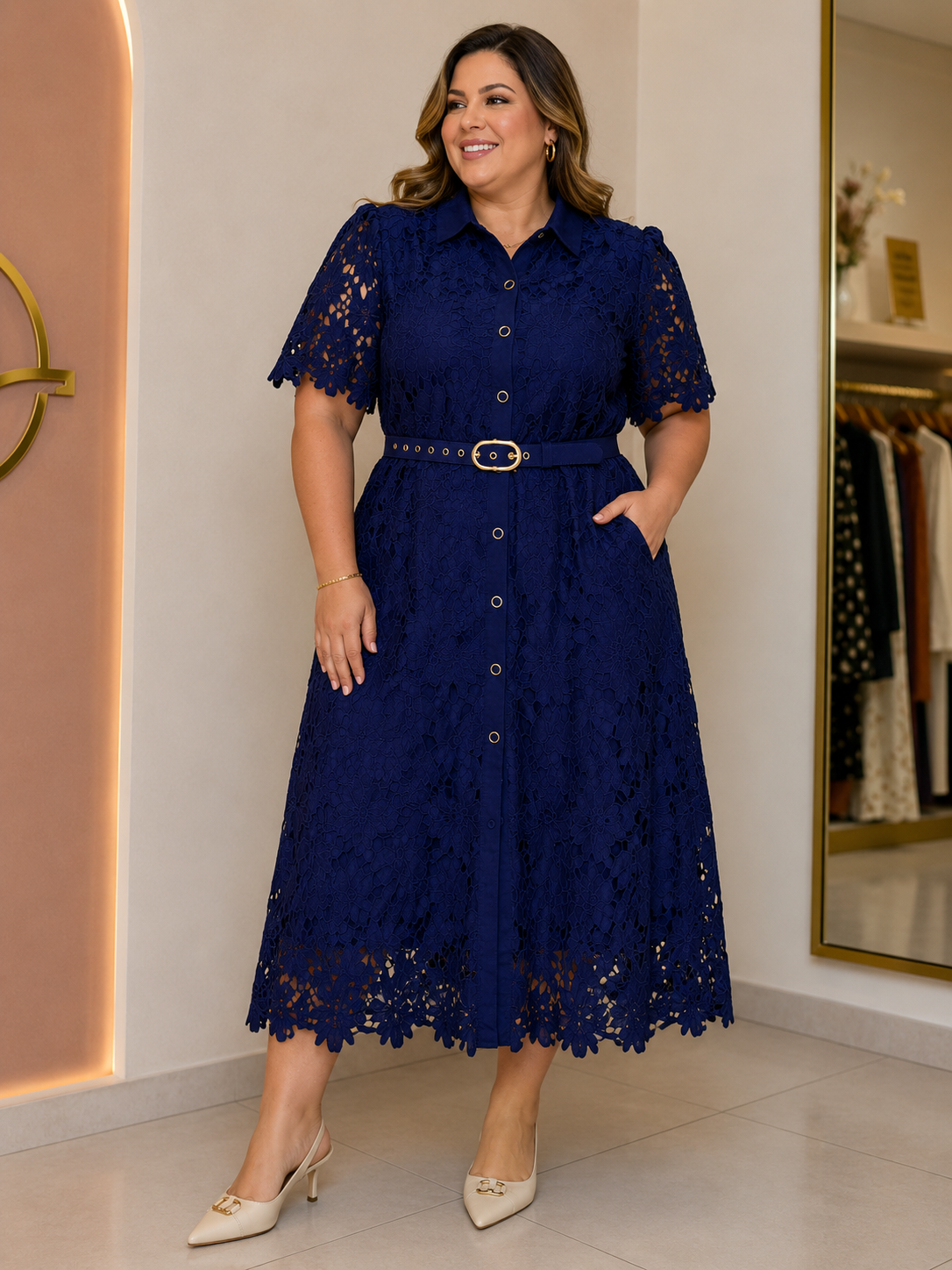 Vestido Camisero de Encaje Azul Marino