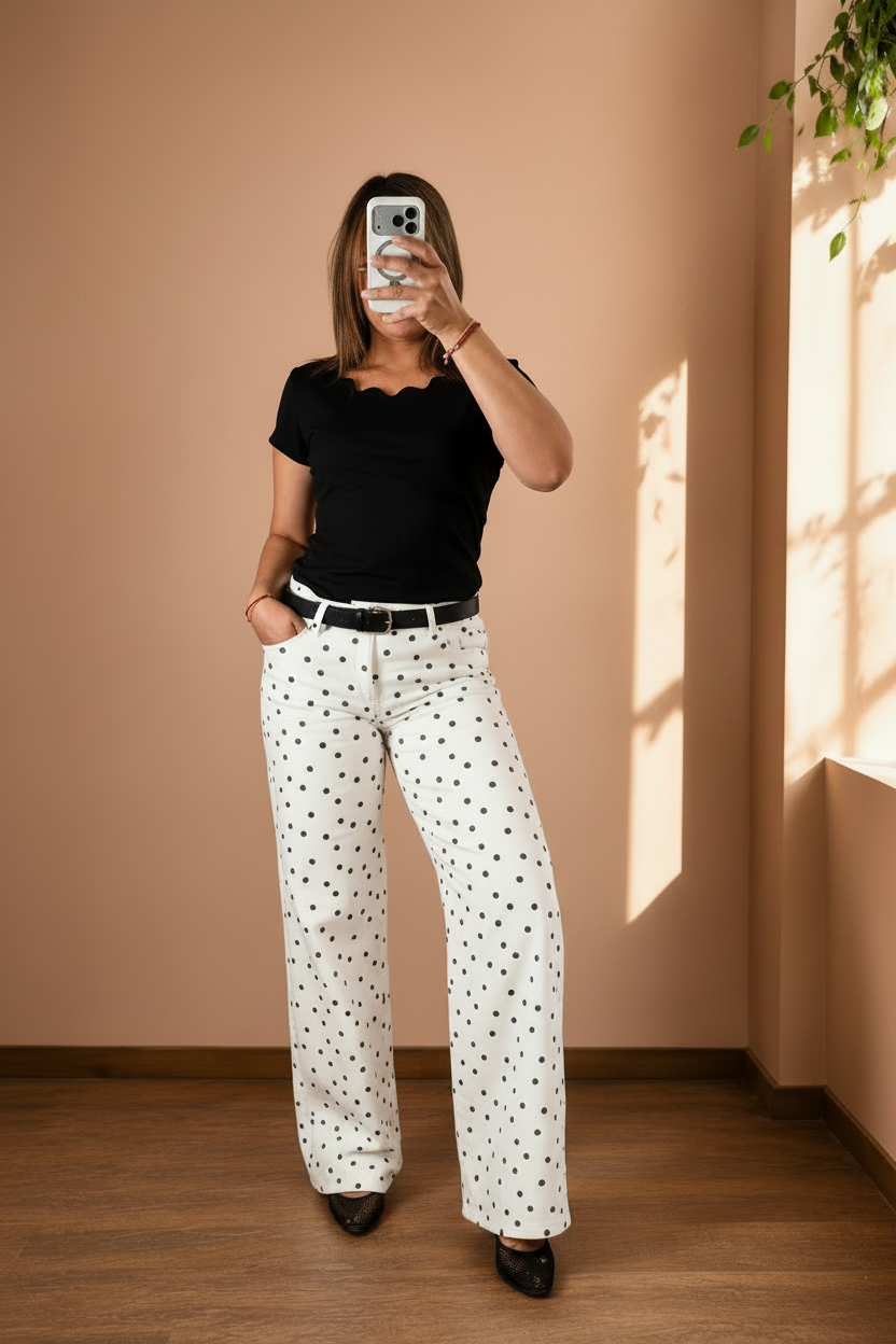 Pantalón Crema de Lunares Negro Wide Leg para Mujer/Pantalón para Mujer en Panamá