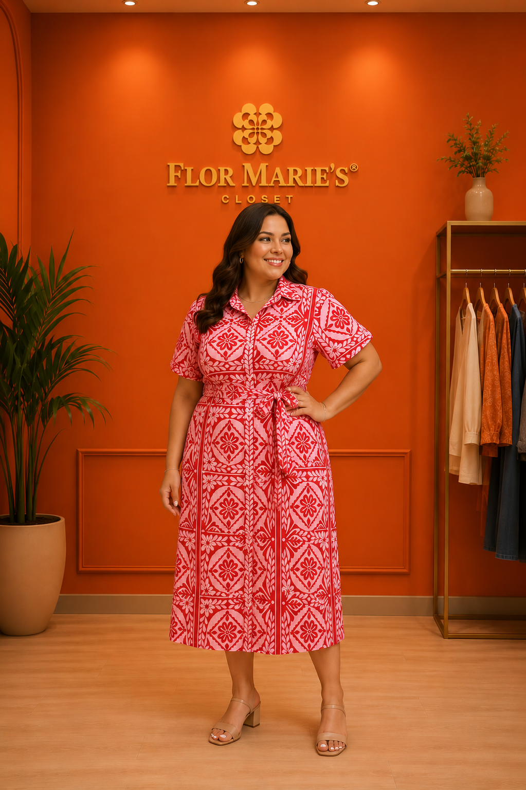 Vestido Camisero Plus Size Estampado Rojo y Rosa | Vestido Talla Grande para Mujer en Panamá