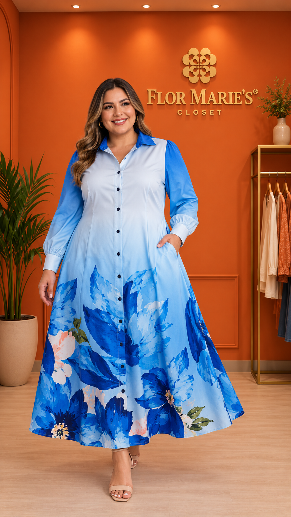 Vestido Camisero Azul Claro con Estampado Floral y Manga Larga