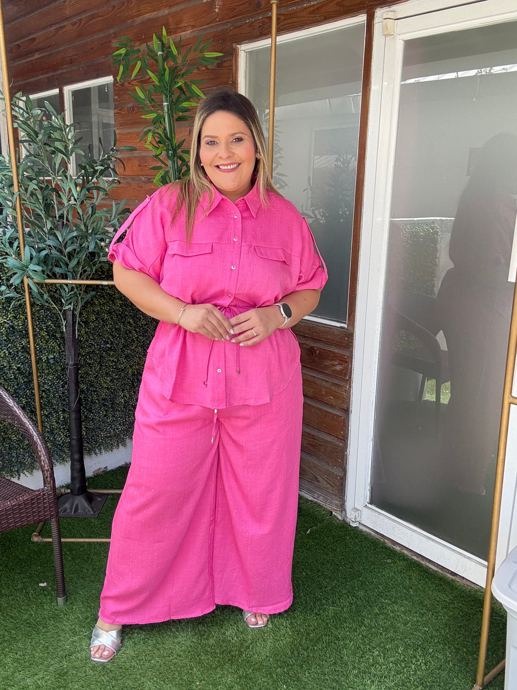 Pantalón Palazzo Plus Size Fucsia con Brillo/ Pantalón Fresco para Mujer en Panamá
