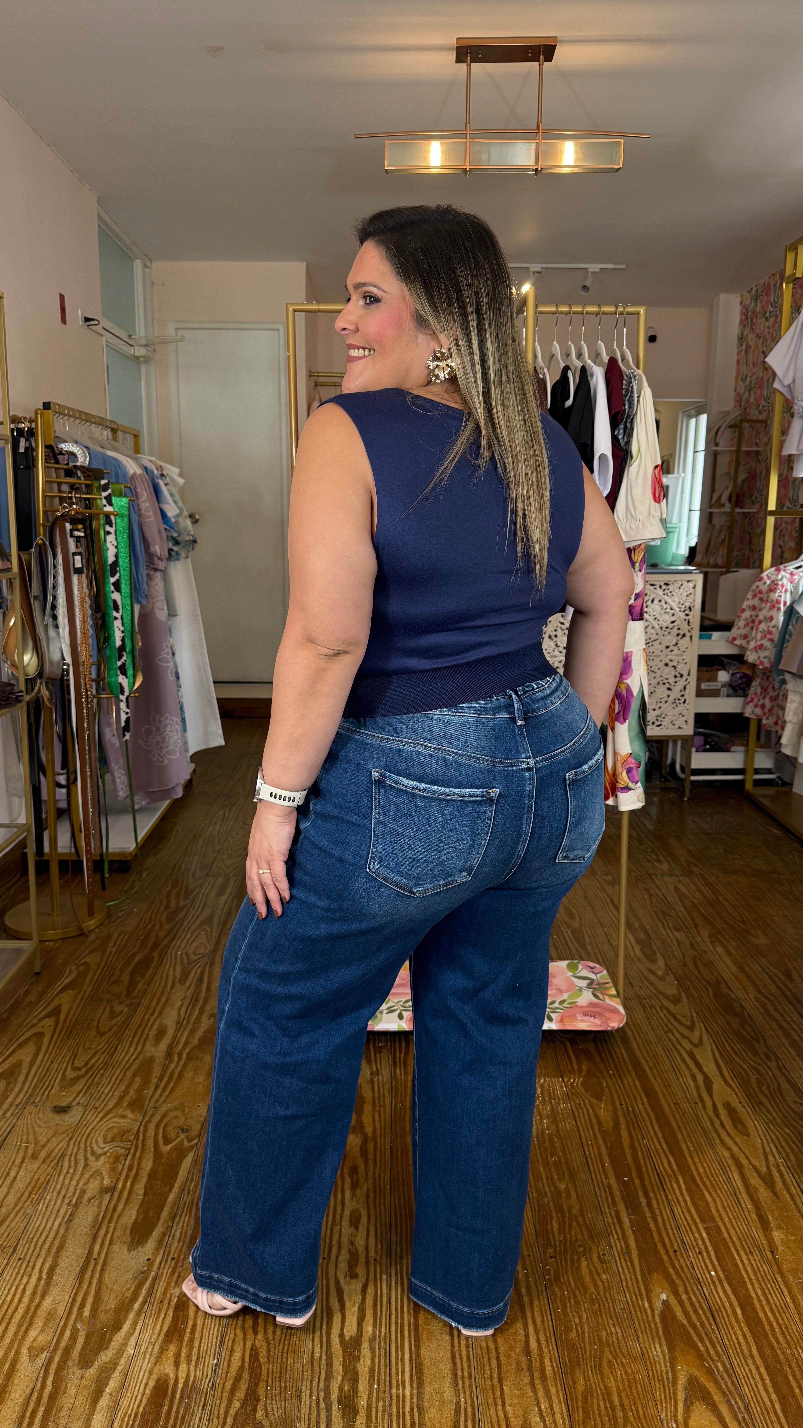 Pantalón Wide Leg Plus Size de mezclilla Oscura para Mujer/Jeans Cómodos y Elegantes en Panamá