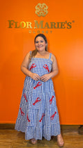 Vestido Plus Size Maxi Cuadros Vichy Azul Con Bordado De Langosta/ Tirantes/Flor Marie´s Closet Panama