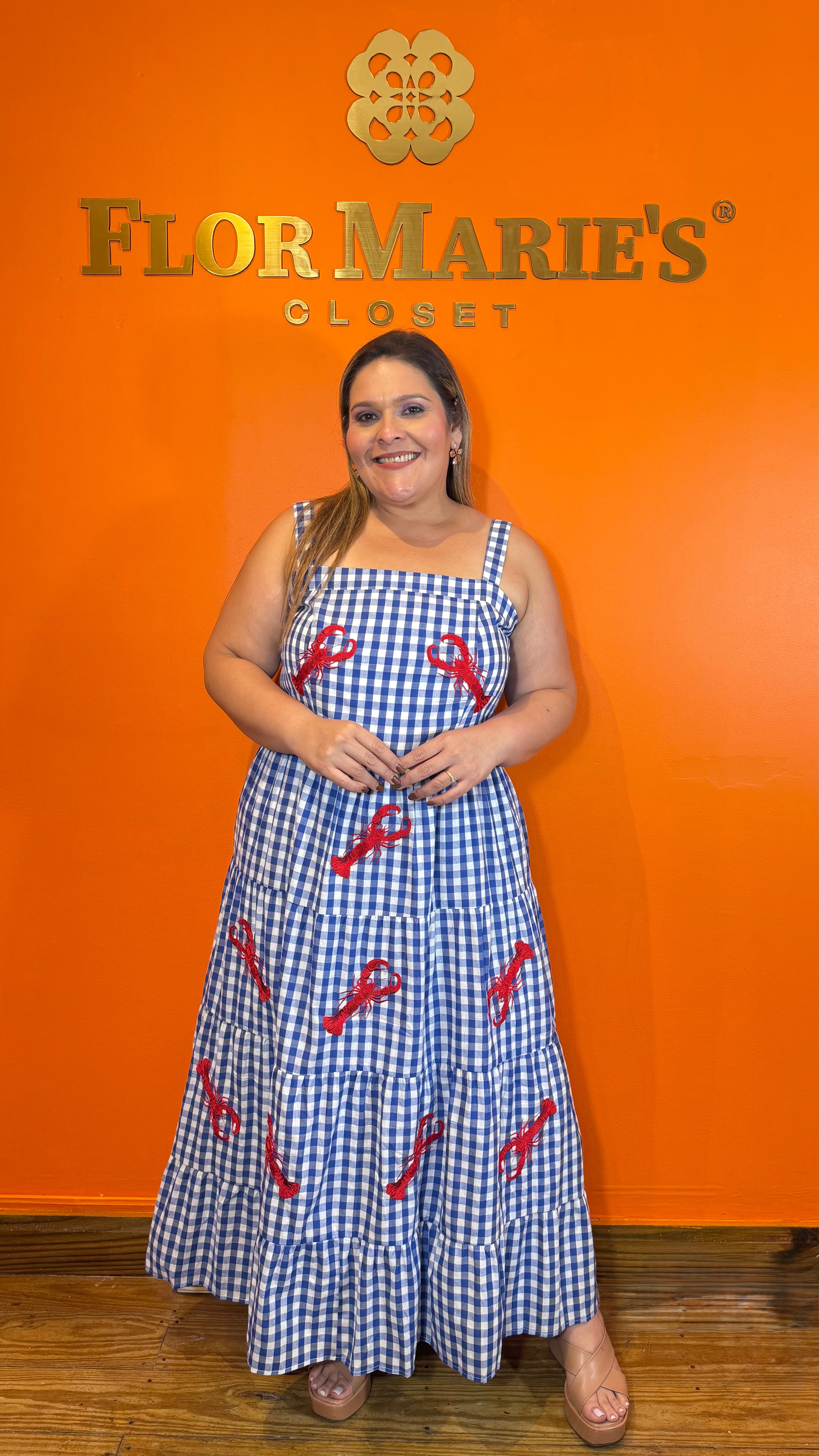 Vestido Plus Size Maxi Cuadros Vichy Azul Con Bordado De Langosta/ Tirantes/Flor Marie´s Closet Panama