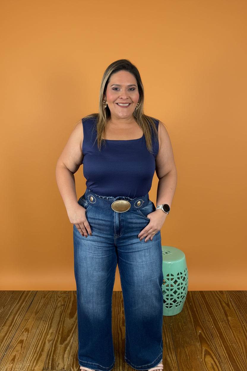 Pantalón Wide Leg Plus Size de mezclilla Oscura para Mujer/Jeans Cómodos y Elegantes en Panamá