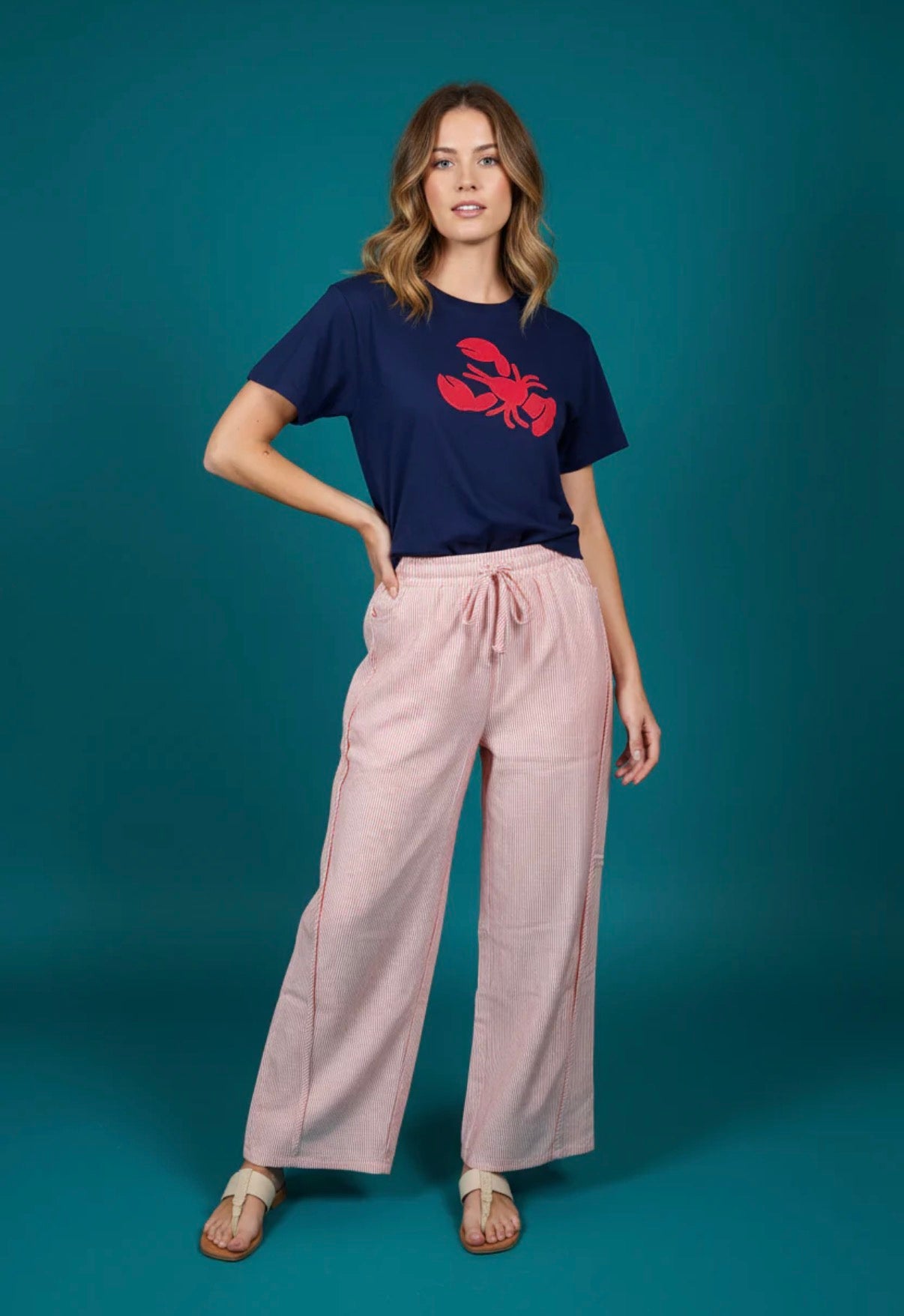 Pantalón lindo de Rayas Rojas para Mujer | Cintura Elástica