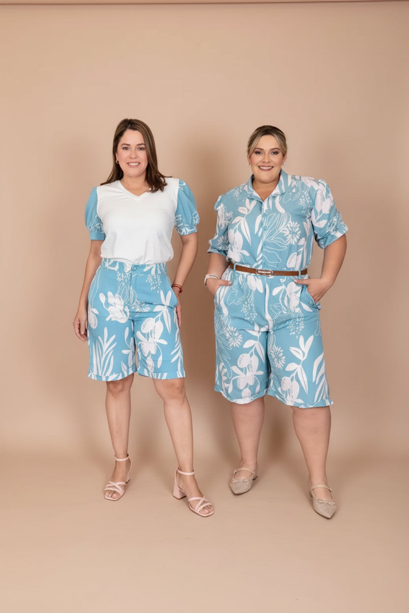 Short elegante para Mujer Estampado Verde Petroleo con Blanco/Ropa Fresca y Moderna en Panamá