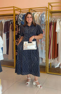 Vestido Midi Camisero Azul Marino con Mangas Abullonadas para Mujer