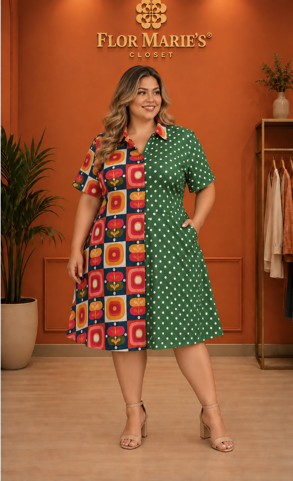 Vestido Plus Size Bicolor con Estampado Geométrico y Lunares