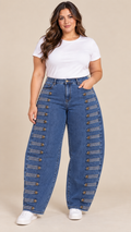 Jean Plus Size Barrel de Cintura Alta con Botones para Mujer