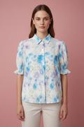 Blusa Floral Azul para Mujer en Panamá/Camisa Elegante con Mangas Abollonadas y Botones Frontales
