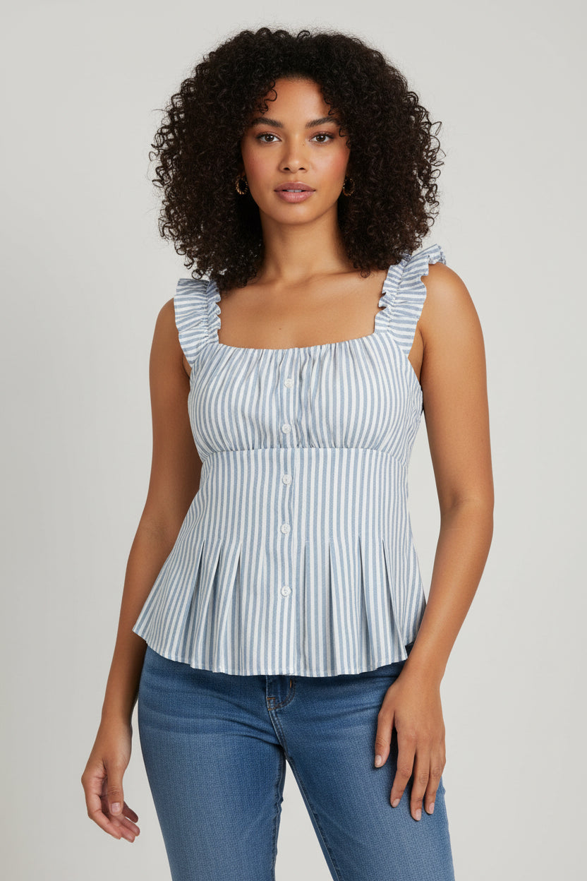 Blusa  Rayas Azul y Blanca para mujer en panamá / Blusa Fresca Casual con Botones