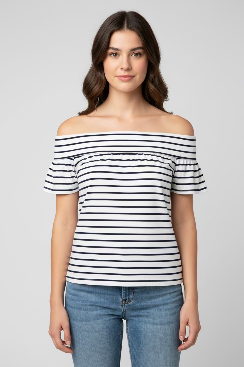 Blusa Off-Shoulder Rayas Blanco y Azul para mujer en Panamá / Blusa Casual Moderna