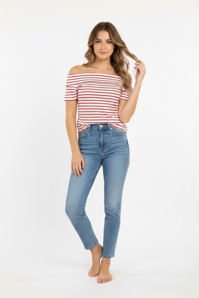 Blusa Off-Shoulder Rayas Roja para mujer en Panamá / Blusa Casual Moderna