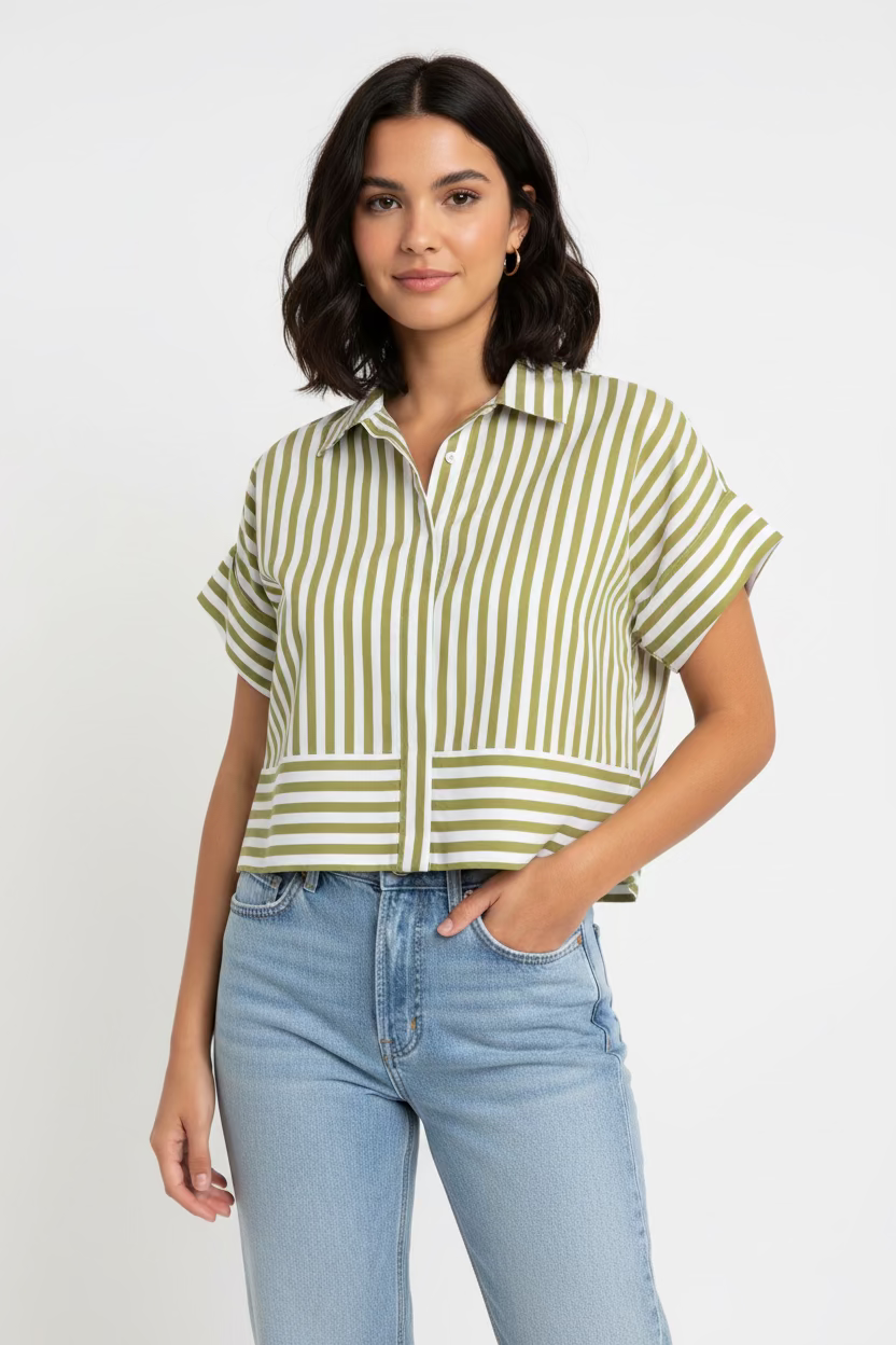 Blusa de Mujer a Rayas Verde Oliva y Blanca | Estilo Casual Elegante en Panamá