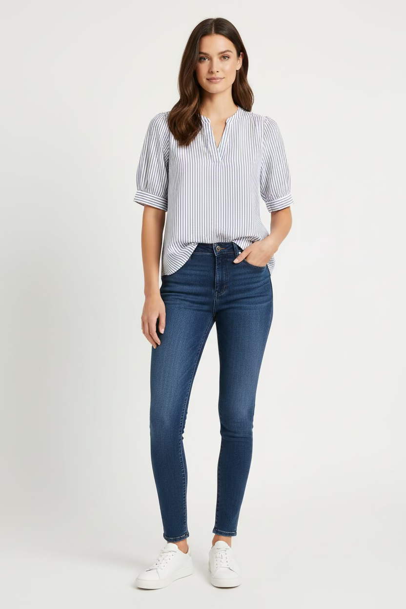 Blusa Ryas Finas Blanca y Azul para Mujer en Panamá / Blusa Casual Elegante Manga Corta