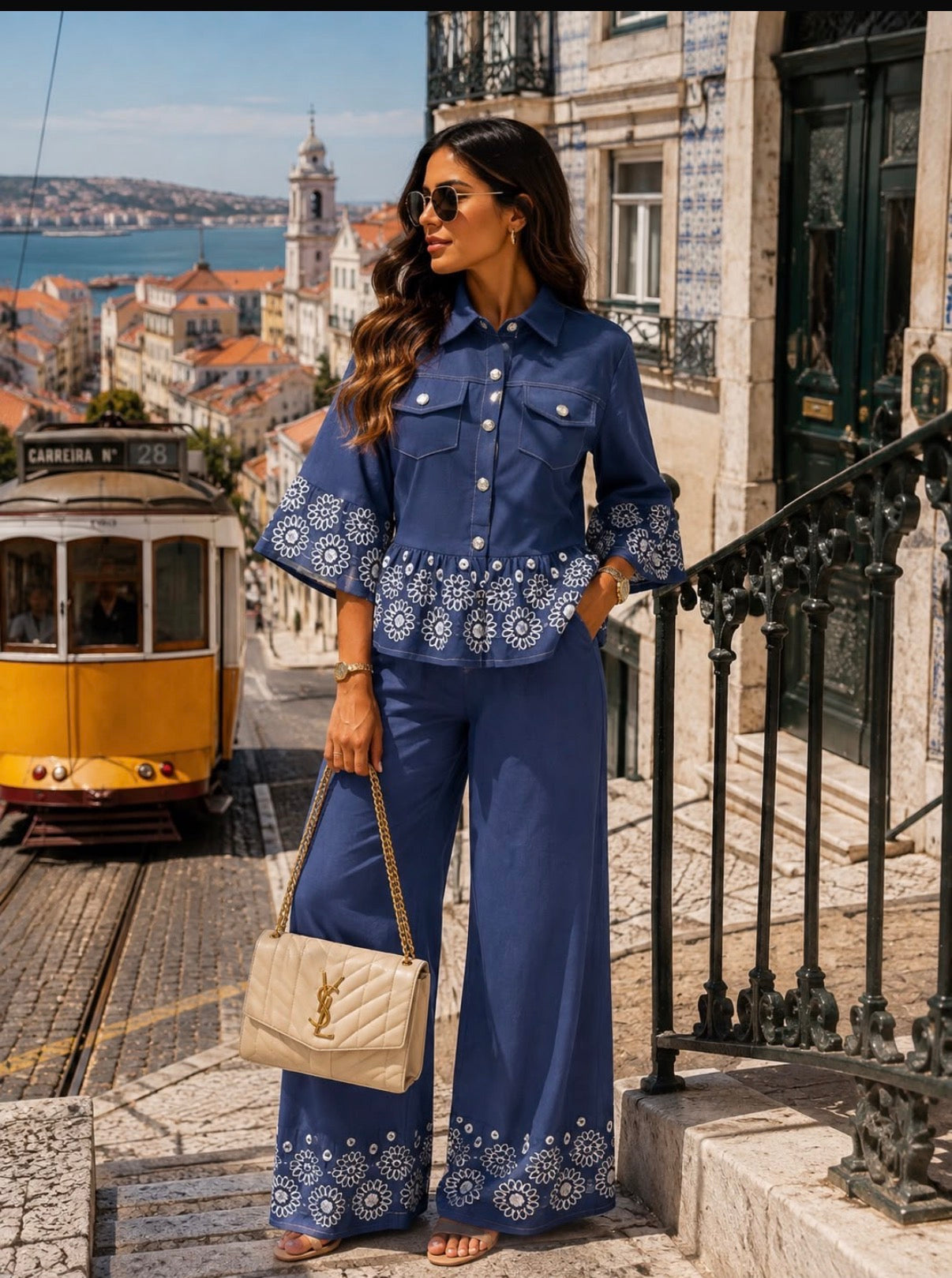 Conjunto Azul Marino Bordado Floral